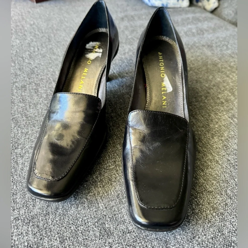 Antonio Melani Women’s Black Leather Kitten Heel Square Toe Pumps Shoes Size 6.5
